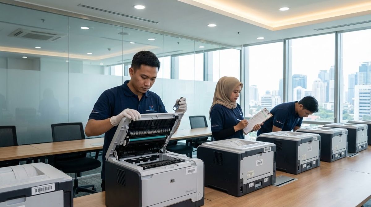 Tim teknisi TerimaKomputerKantor.com melakukan inspeksi fisik printer LaserJet borongan di lokasi kantor klien.
