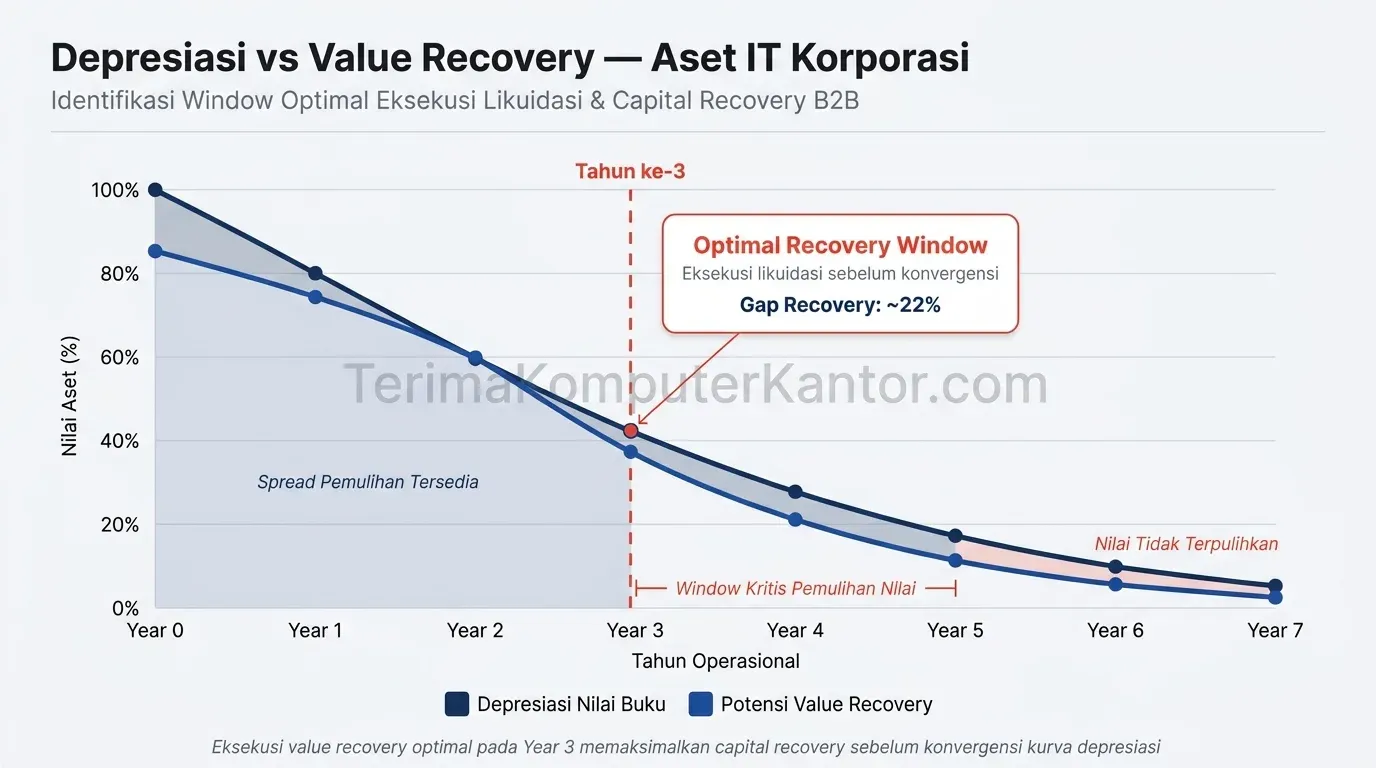Grafik perbandingan depresiasi nilai buku aset IT korporasi dengan strategi pemulihan nilai (value recovery) perangkat keras kantor.