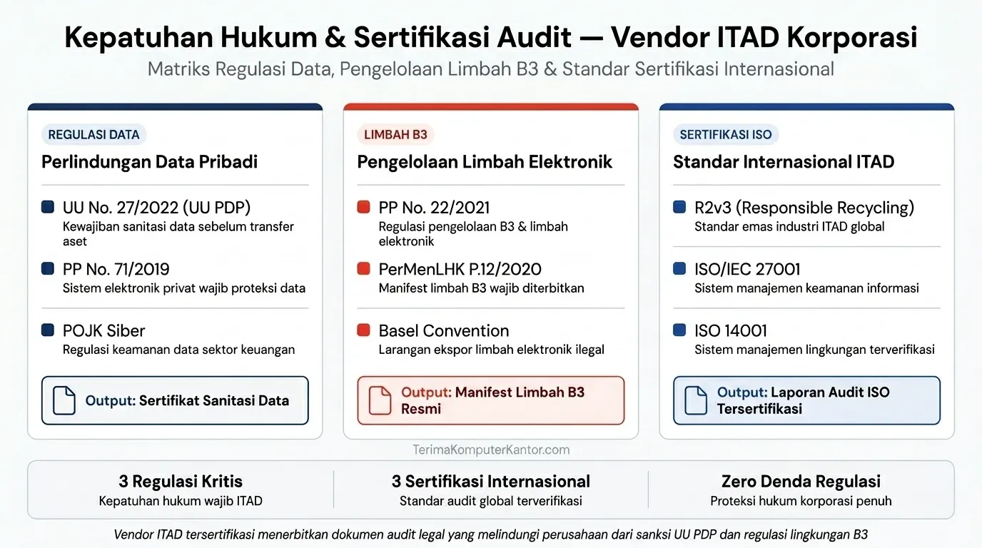 Matriks kepatuhan hukum praktik ITAD mencakup regulasi data UU PDP, pengelolaan limbah B3, dan sertifikasi audit ISO.