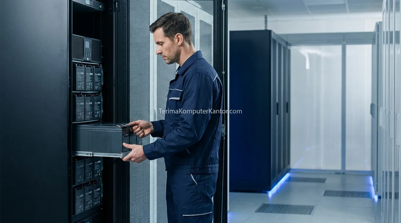 Teknisi layanan jasa buyback aset IT mengevaluasi kesehatan fisik baterai VRLA pada rak UPS data center skala enterprise.