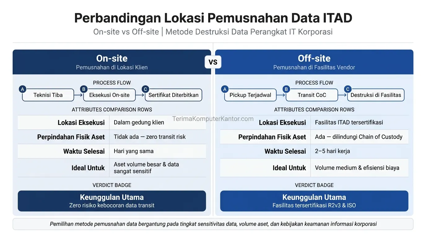 Diagram alur pemusnahan data aset IT di lokasi kantor (On-site) dan fasilitas vendor (Off-site)