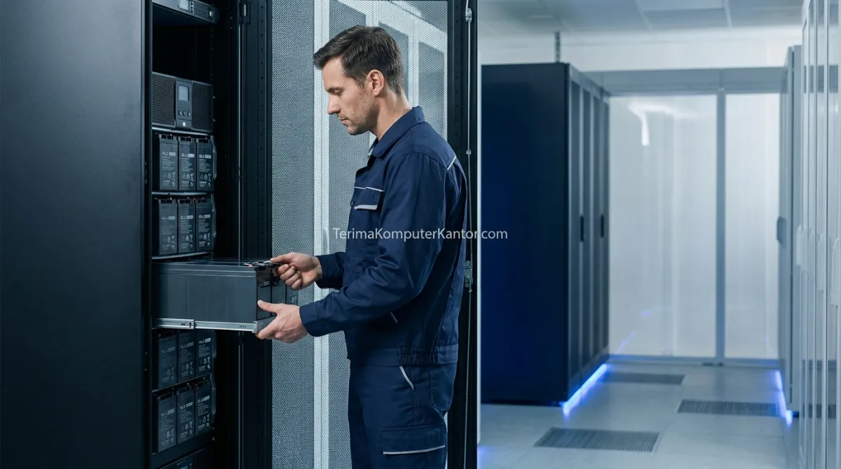 Teknisi layanan jasa buyback aset IT mengevaluasi kesehatan fisik baterai VRLA pada rak UPS data center skala enterprise.