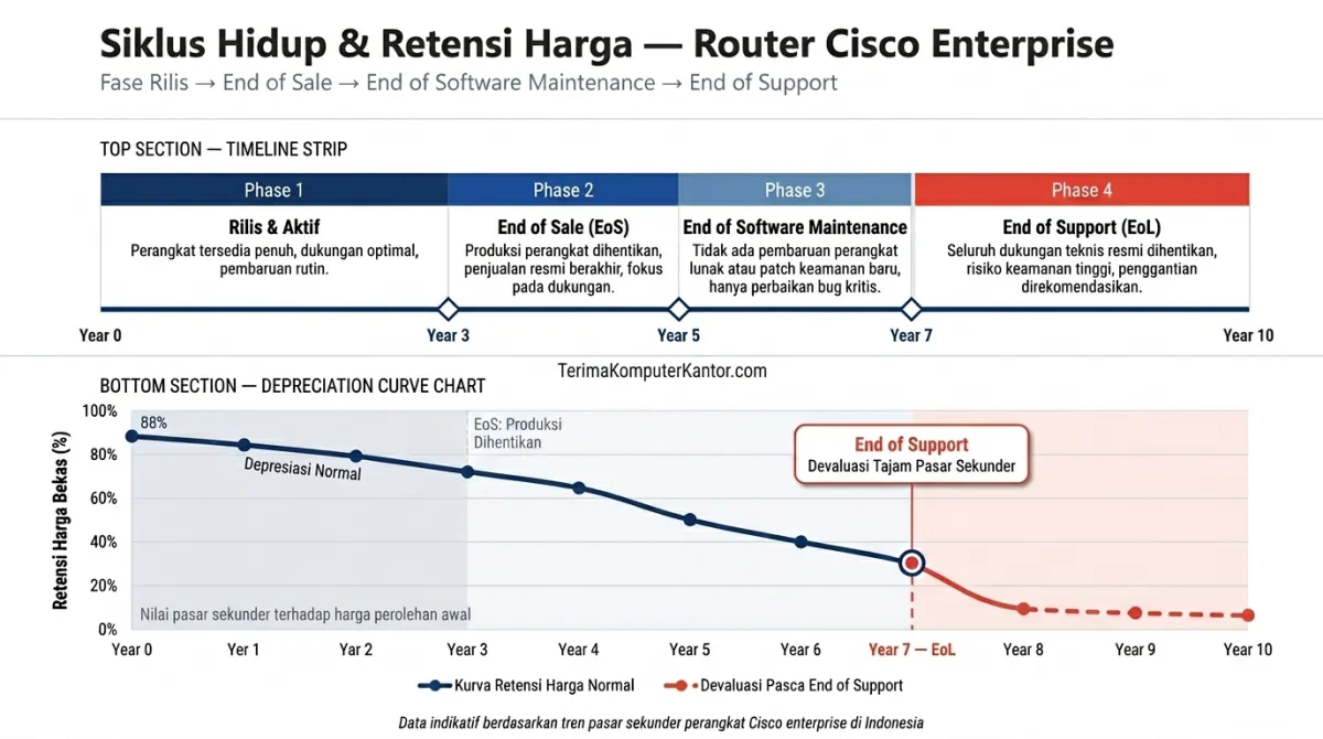 Diagram siklus depresiasi nilai buku dan retensi harga bekas router Cisco skala enterprise.