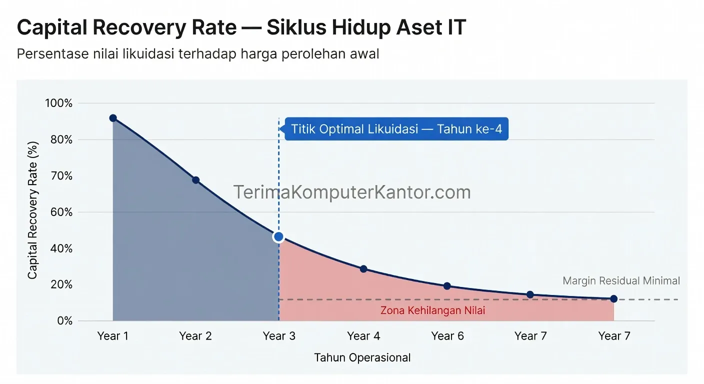Grafik persentase penurunan capital recovery pada siklus hidup perangkat IT enterprise B2B.