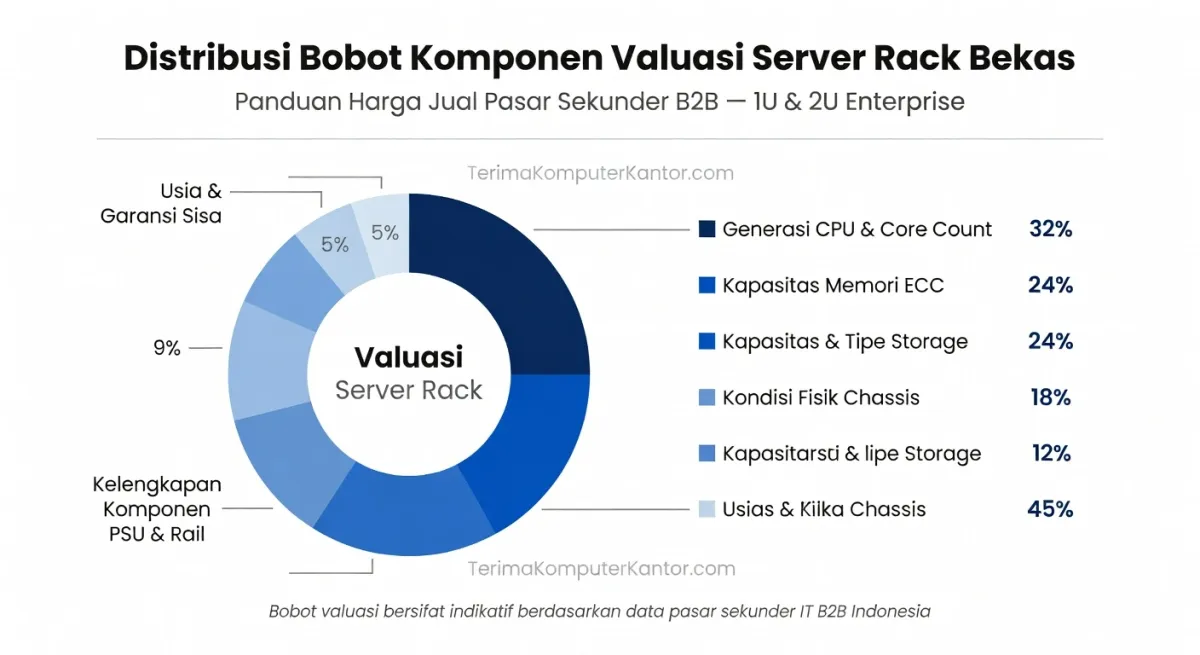 Diagram komponen utama penentu harga valuasi server rack bekas 1U dan 2U skala enterprise.