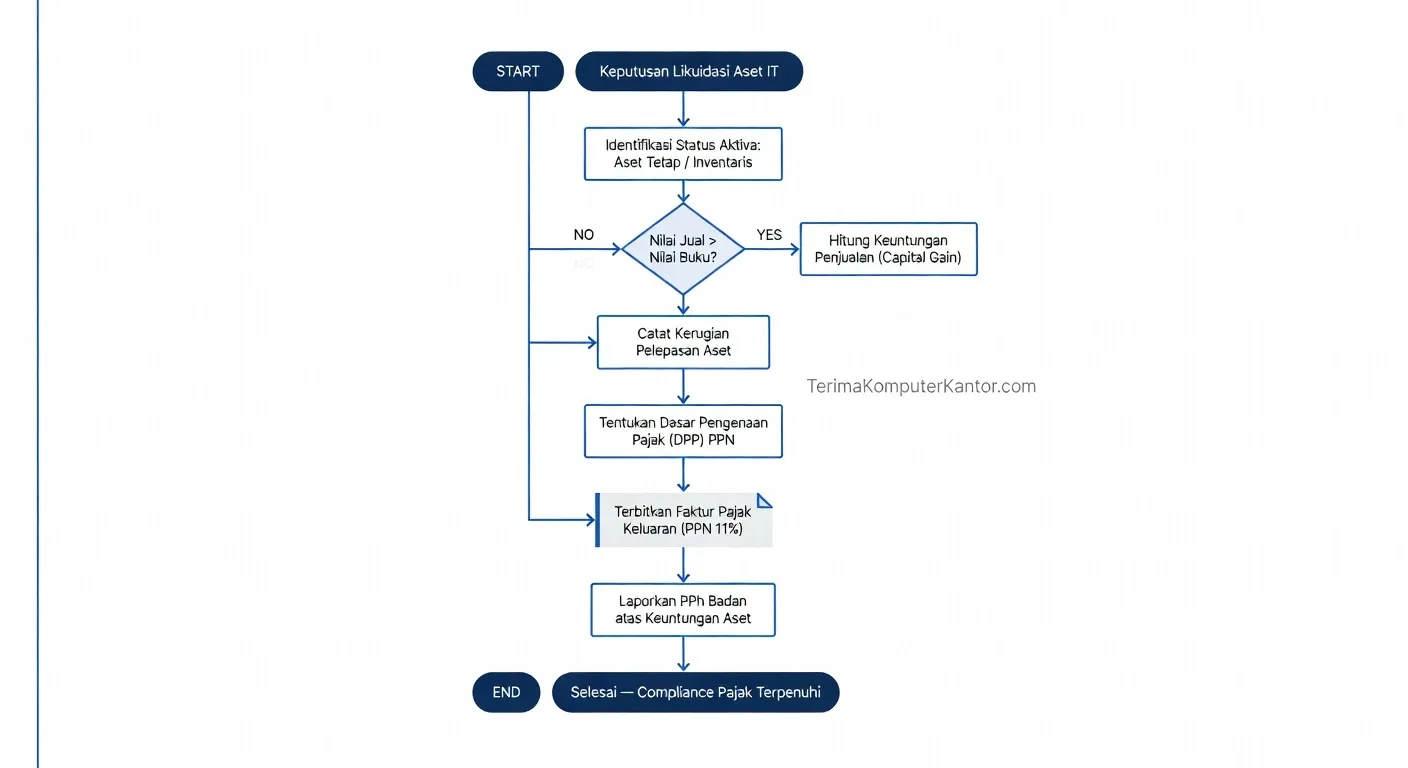 Flowchart prosedur pelaporan PPN dan PPh atas penjualan aset IT bekas korporasi B2B.