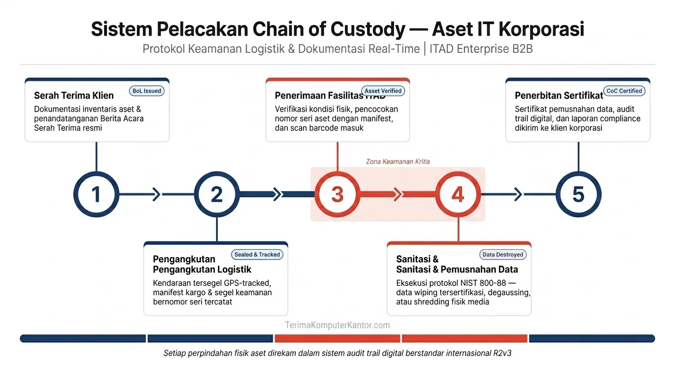 Skema keamanan logistik dan dokumen Chain of Custody (Rantai Lacak) pada layanan pembuangan aset IT korporasi.